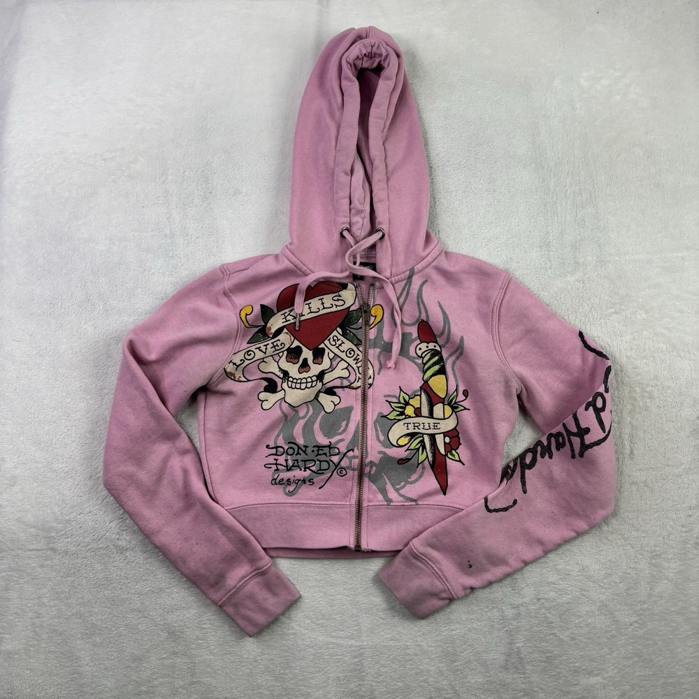 Y2K Ed Hardy Love Kills Slowly Pink Full Zip LS Crop Hoodie Women's S Distressed